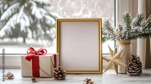 a4 Mockup Bilderrahmen gold am verschneiten Fensterbrett mit warmen Boquet Foto Effekt, Bilderahmen soll frei bleiben, Weihnachtsbeleutung photo