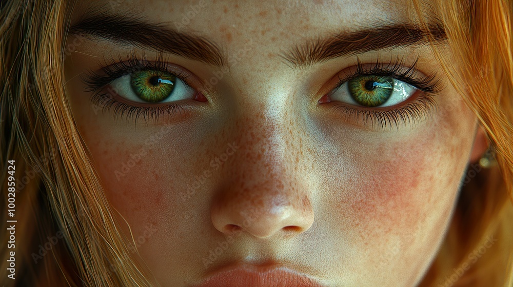 Close-up Portrait of a Woman with Green Eyes and Freckles Close-up Portrait of a Woman with Green Eyes and Freckles