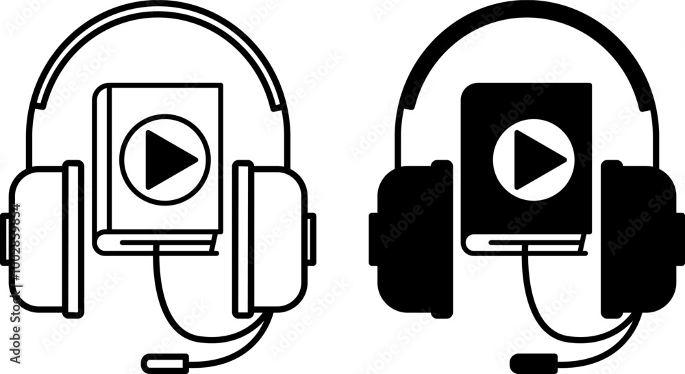 Audio Book Icons. Black and White Vector Icons. Headphones with Microphone and Book with Play Icon. Online Book, E-Book. Online Education Concept Audio Book Icons. Black and White Vector Icons. Headphones with Microphone and Book with Play Icon. Online Book, E-Book. Online Education Concept