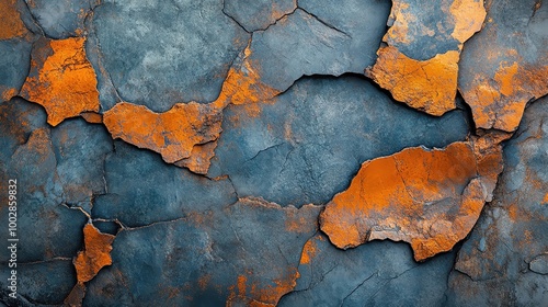 Textured wall featuring cracked blue and orange peeling paint, creating an abstract and rustic appearance.