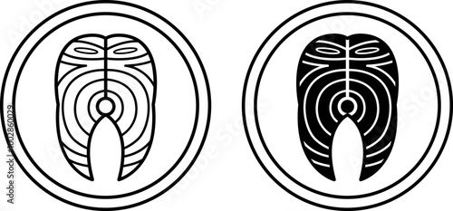Labels Tuna. Black And White Vector Icons. Piece Of Fish, Seafood. Cat's Food Properties. Sticker For Packaging Of Food Products