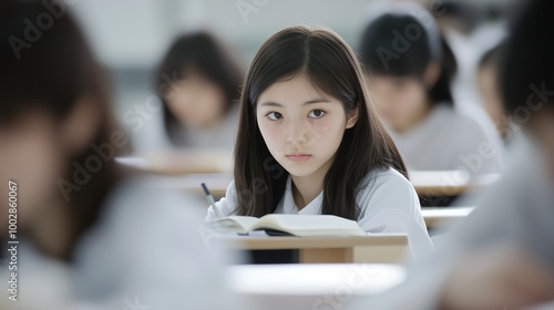 A girl is sitting at a desk with a book in front of her