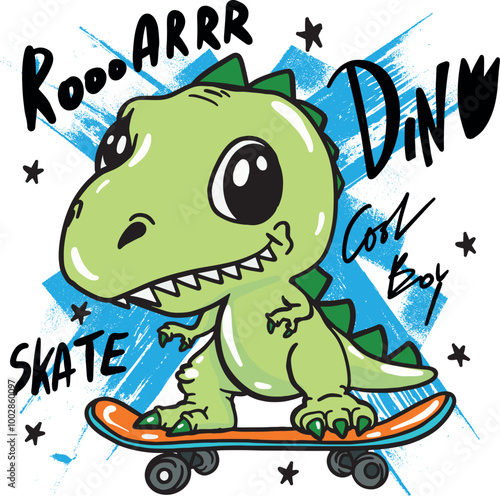  dinosaur on skateboard. Typography print for kids  . Original design with t-rex, dinosaur. print for T-shirts, textiles, wrapping paper, web. 