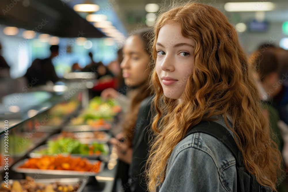 A red-haired girl stands in a cafeteria line with classmates, surrounded by healthy food options. A red-haired girl stands in a cafeteria line with classmates, surrounded by healthy food options.