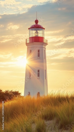 A lighthouse is lit up in the evening sky