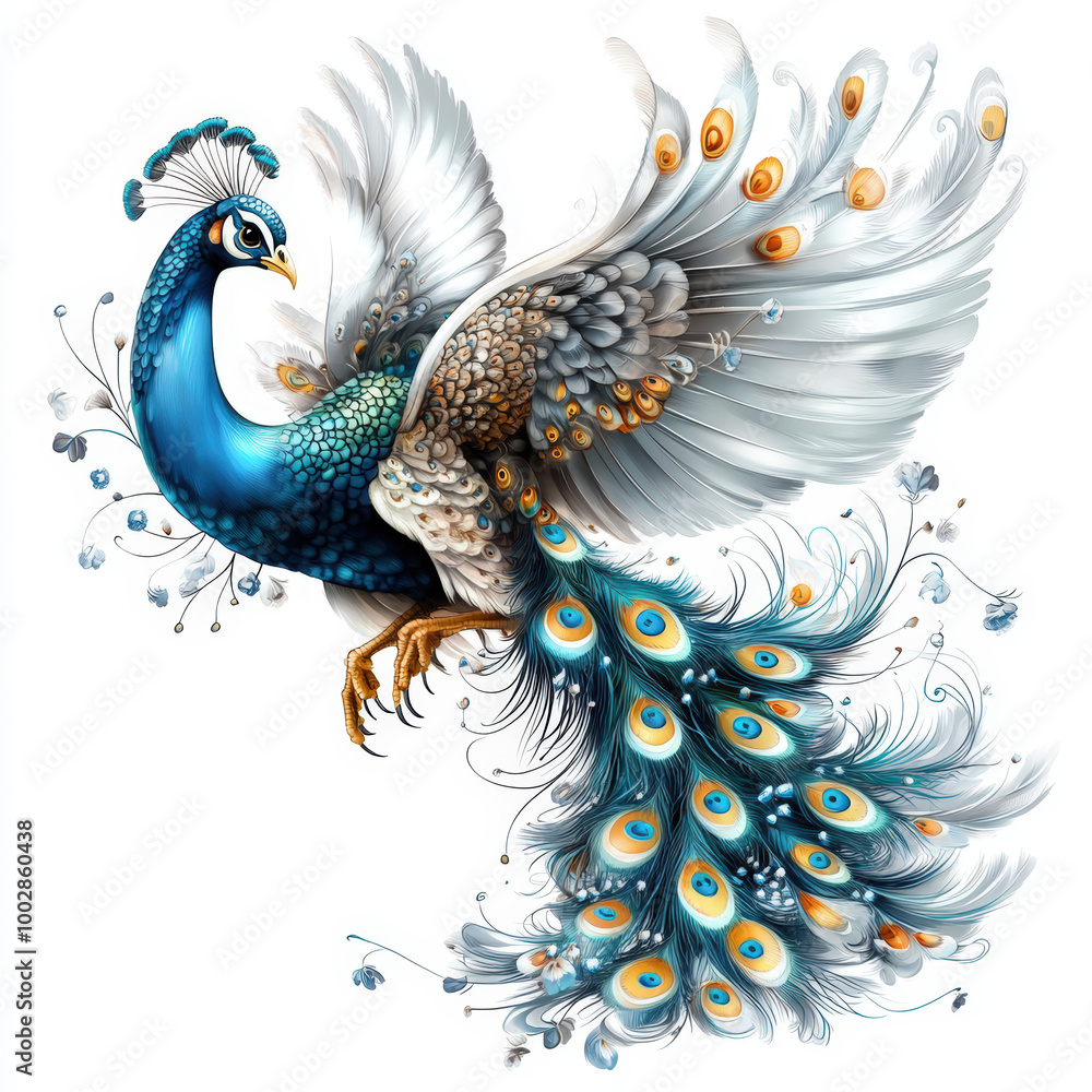 Obraz premium Beautiful Peacock in Flight with Flowing Tail Feathers 