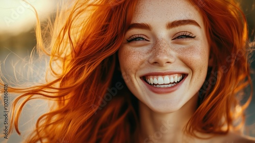 Smiling redhead with freckles and flowing hair