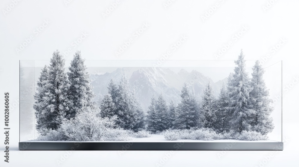 Fototapeta premium Snow-dusted Himalayan pines and forest floor encapsulated in a sleek, transparent casing, set against a white backdrop, presenting the idea of preserving remote natural environments.