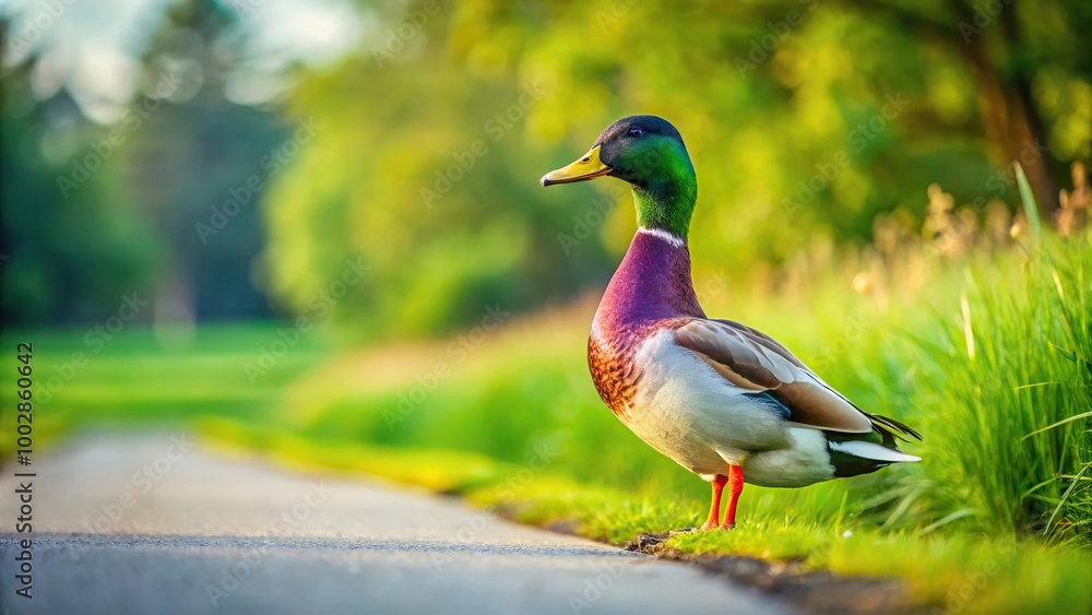 A duck drake standing on green grass against a road in forced perspective A duck drake standing on green grass against a road in forced perspective