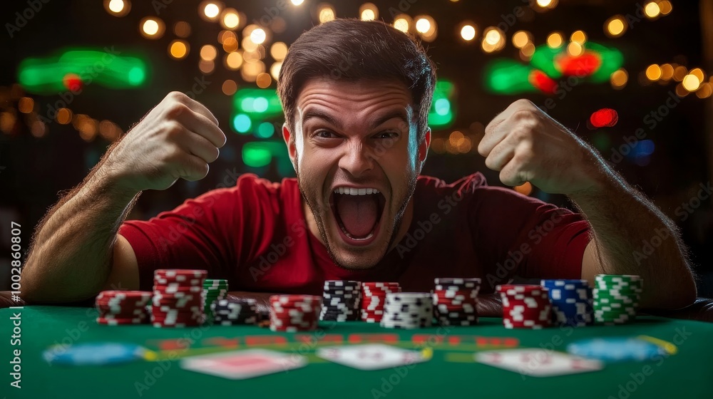 A man celebrates a poker win, surrounded by chips, in a lively casino atmosphere. A man celebrates a poker win, surrounded by chips, in a lively casino atmosphere.