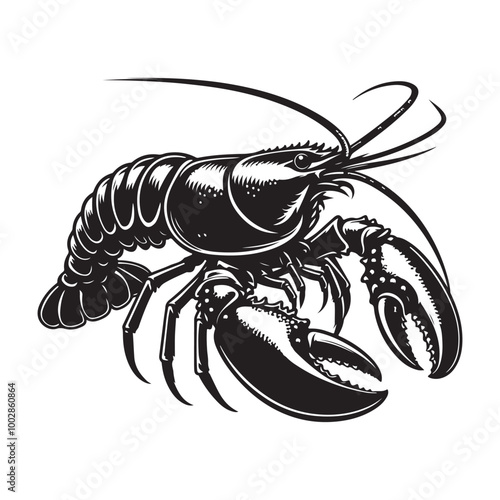 Lobster Silhouette, Stylish icon, template, background, tattoo. Print for t-shirt. Hand drawn vector illustration, Lobster black vector, isolated.