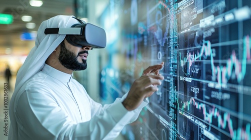 An Emirati man wearing white thobe and a VR headset is interacting with a digital screen in an office space. Stock market charts are on the wall