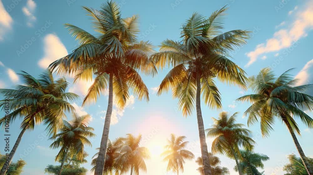Bottom view of tropical palm trees leaves in blue sky background. Summer vacation and nature travel adventure concept. Tropical palm trees with bokeh sunlight on sunset sky cloud abstract background. Bottom view of tropical palm trees leaves in blue sky background. Summer vacation and nature travel adventure concept. Tropical palm trees with bokeh sunlight on sunset sky cloud abstract background.