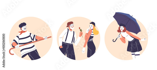 Isolated Vector Round Icons Or Avatars With Cartoon Mime Characters In Unique Poses Showcasing Artistic Makeup