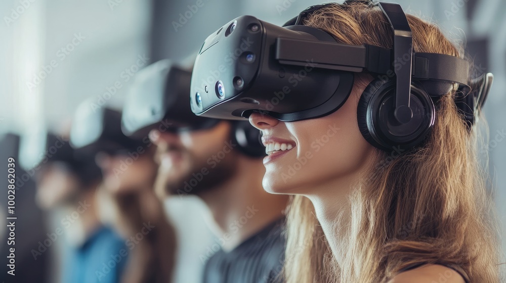 A group of individuals experiencing virtual reality with headsets and headphones, focused and engaged in an immersive environment. A group of individuals experiencing virtual reality with headsets and headphones, focused and engaged in an immersive environment.