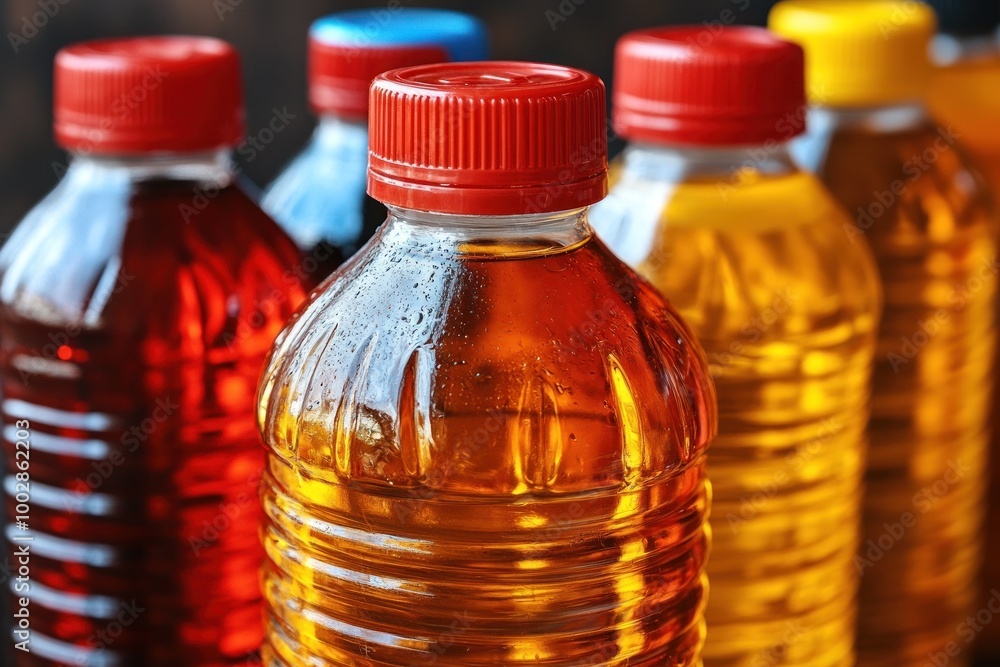 Bottles filled with different colorful liquids arranged closely on a surface Bottles filled with different colorful liquids arranged closely on a surface