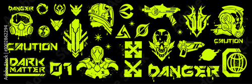 Space futuristic print set, biohazard danger sign, vector radiation protection gas mask logo, skull. Astronaut helmet print, sci-fi alien toxic caution badge, streetwear techno kit. Futuristic print