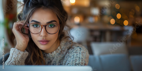 A woman in glasses with clear green eyes, wearing a cozy sweater, in a warmly lit room, looking thoughtfully.