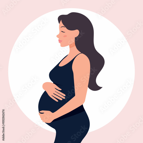  Pregnant woman with dark hair, future mom hugging belly with arms. 
