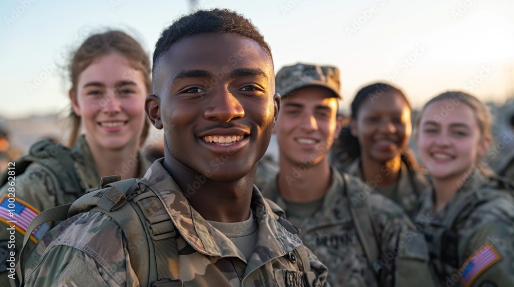 A group of young soldiers in military uniforms smile confidently, showcasing camaraderie and teamwork. A group of young soldiers in military uniforms smile confidently, showcasing camaraderie and teamwork.