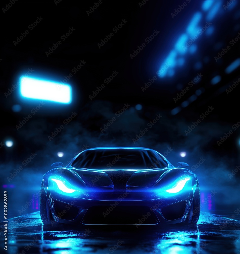 Futuristic car with neon lights in dark setting Futuristic car with neon lights in dark setting