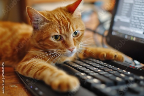 A cat is sitting on a keyboard and typing