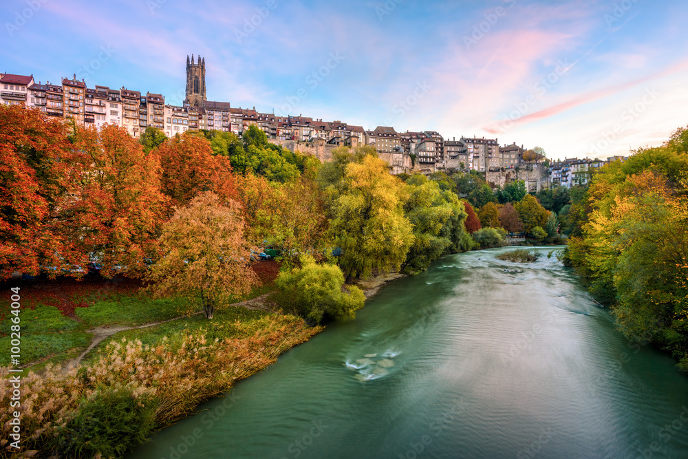 Fribourg medieval old city above the Sarine River, Switzerland