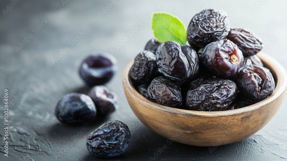Fresh black plums in wooden bowl, dark background Fresh black plums in wooden bowl, dark background