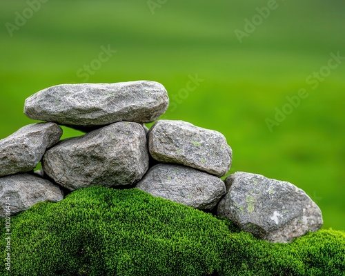 Vibrant green moss growing on rugged mountain rocks, moss and stone, highland nature concept