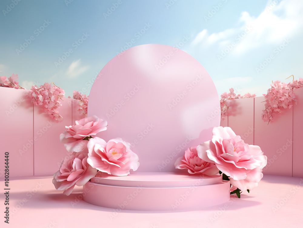 3D background pink cloth podium display. Nature rose flower blossom. Feminine summer and 3D background pink cloth podium display. Nature rose flower blossom. Feminine summer and