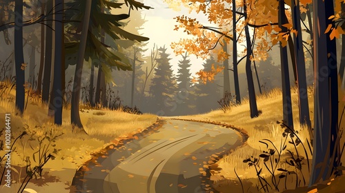 Autumn road landscape. Natural forest landscape. Vector illustration.