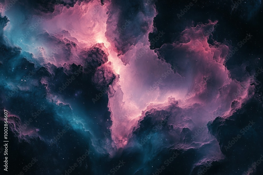 A stunning display of cosmic clouds features vibrant colors illuminating the darkness of space A stunning display of cosmic clouds features vibrant colors illuminating the darkness of space