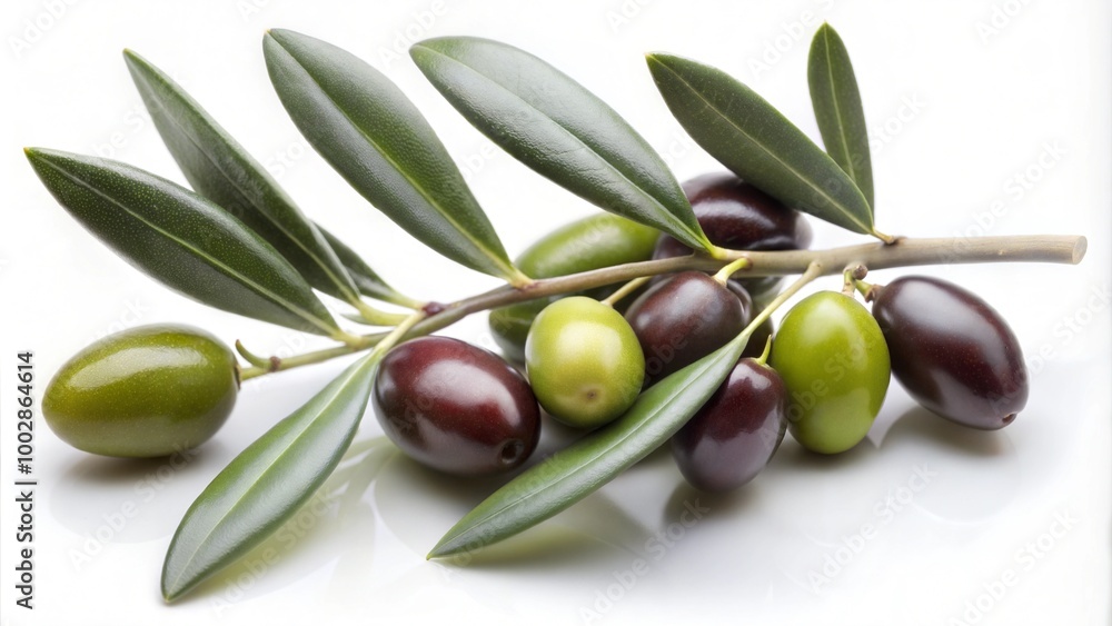 Fresh green and black olives on an olive branch with leaves in a minimalist style Fresh green and black olives on an olive branch with leaves in a minimalist style