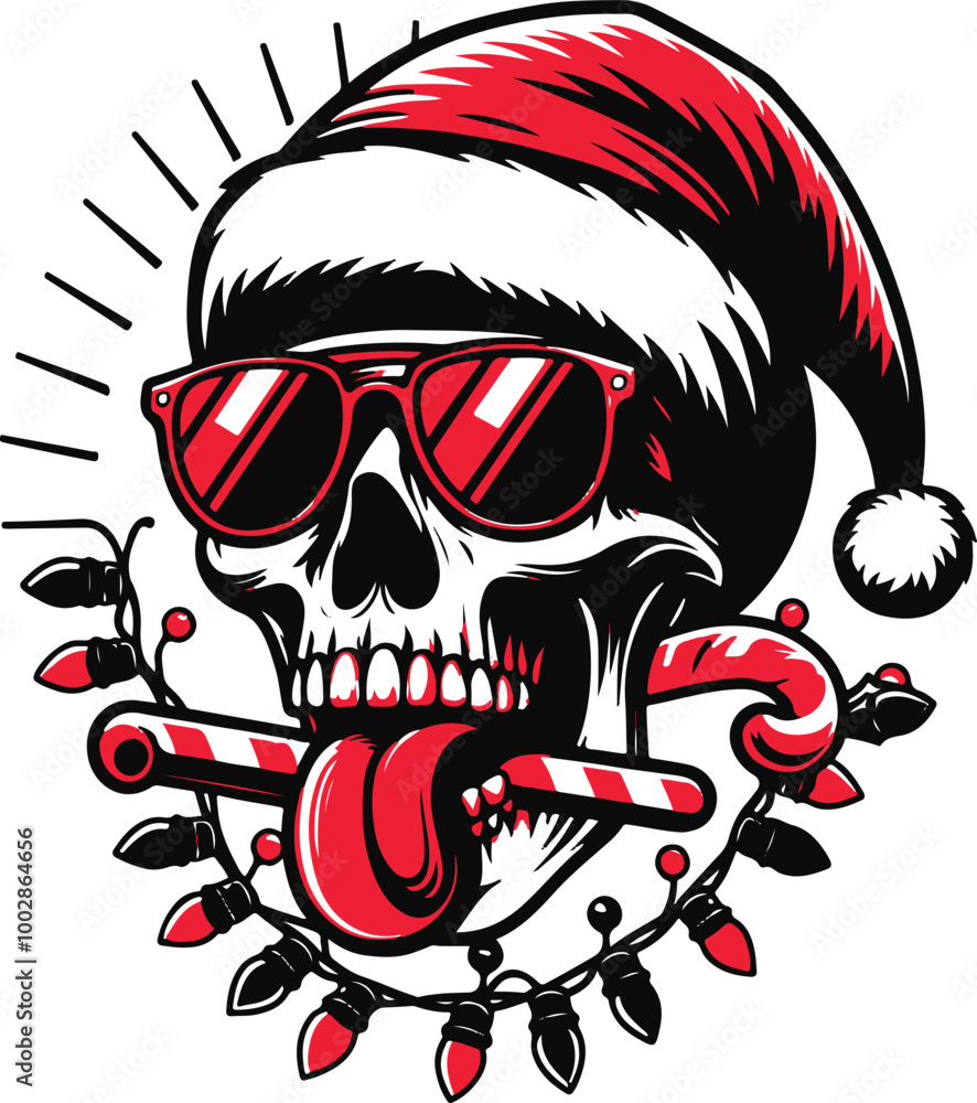 Santa Claus Skull Wearing a Christmas Hat with Sunglass, candy, Vector Illustration Santa Claus Skull Wearing a Christmas Hat with Sunglass, candy, Vector Illustration