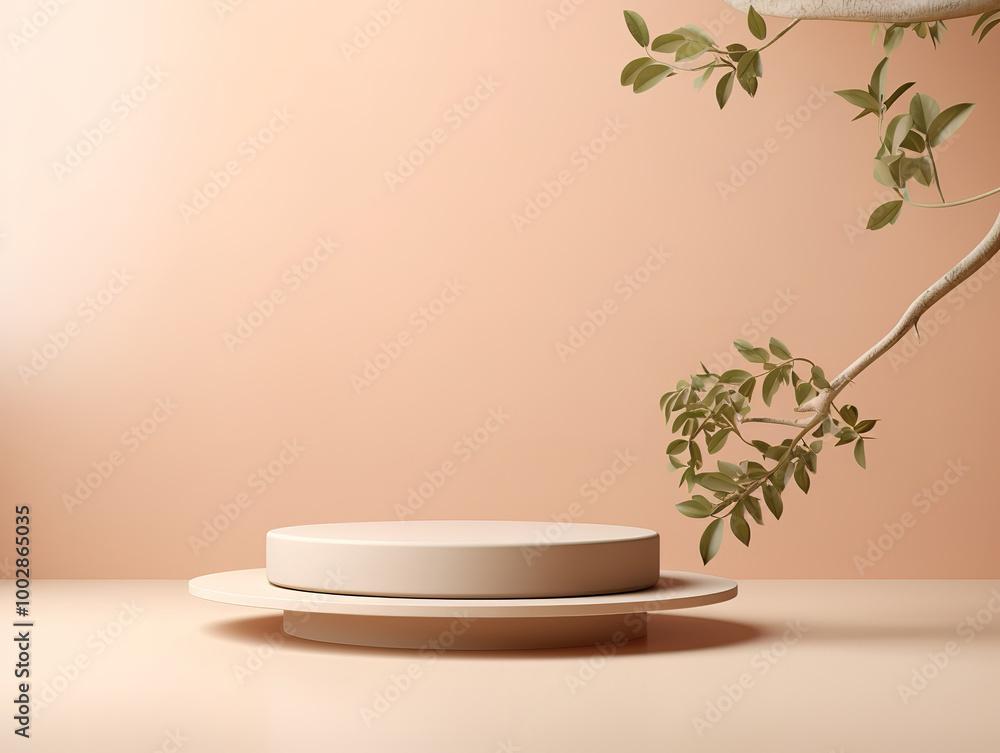 3D Podium Display with Pastel Beige Background and Tree Branch Shadow for Beauty Products 3D Podium Display with Pastel Beige Background and Tree Branch Shadow for Beauty Products