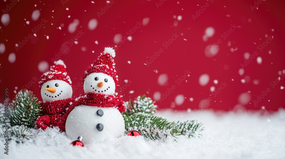 Cheerful snowmen decorated for a festive winter scene Cheerful snowmen decorated for a festive winter scene