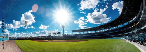 Bright Sun Shining Over an Empty Baseball Stadium Field. photo