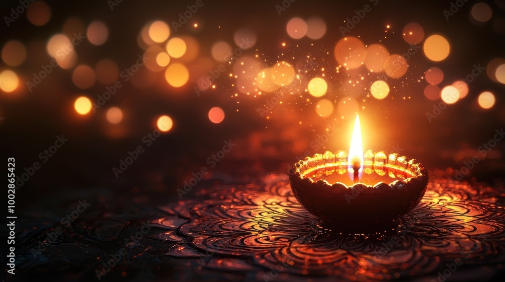 A single diya surrounded by a glowing bokeh light effect illuminating a mandala pattern in the background with ample space for text A single diya surrounded by a glowing bokeh light effect illuminating a mandala pattern in the background with ample space for text