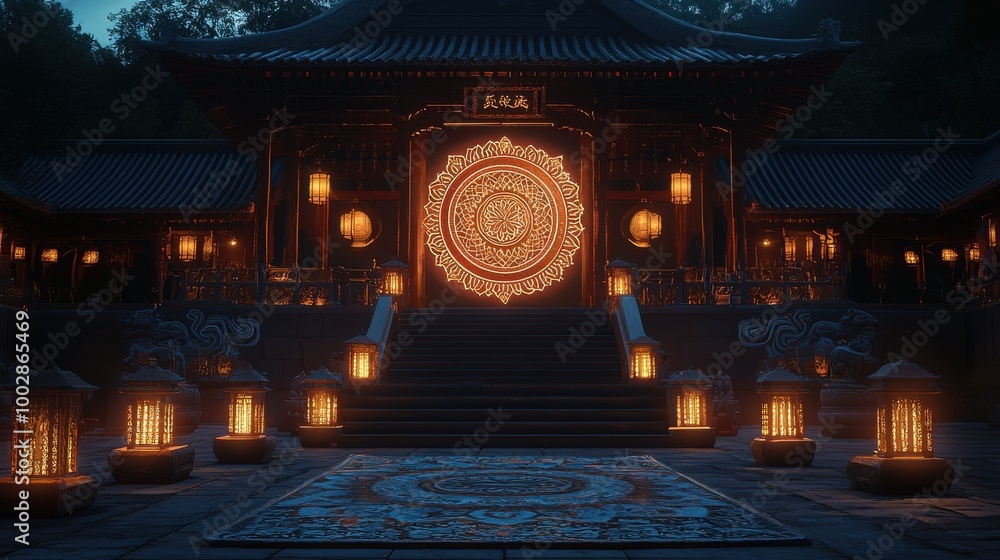 Obraz premium A large mandala projection illuminating the front of a temple at night with lanterns lining the temple steps