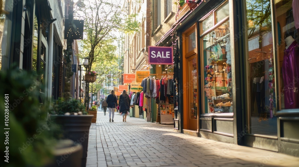 Naklejka premium Wide-angle shot of a street with small boutique shops displaying colorful Sale signs, captured in the late afternoon as shoppers walk by