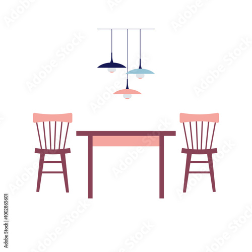 Table and chairs in the dining room. Vector illustration in flat style. Interior furniture color icon