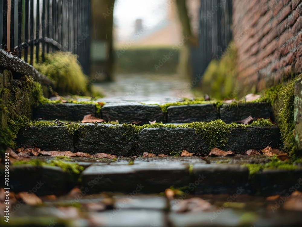 Moss-covered stones leading up to an old stone gate in a forgotten courtyard, moss and stone, forgotten history concept Moss-covered stones leading up to an old stone gate in a forgotten courtyard, moss and stone, forgotten history concept