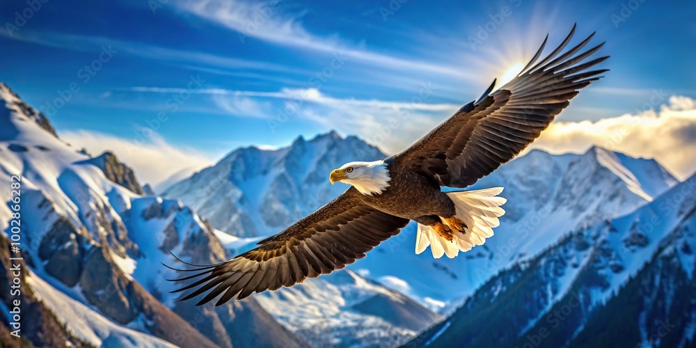 Naklejka premium A majestic eagle flying over a mountain