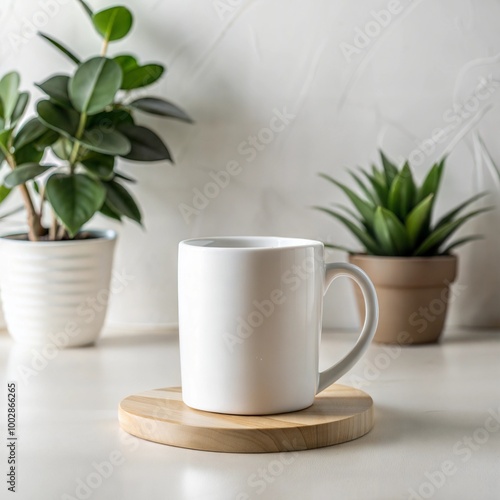 Wallpaper Mural Minimalist setup with a white mug on a wooden coaster next to a small plant Torontodigital.ca