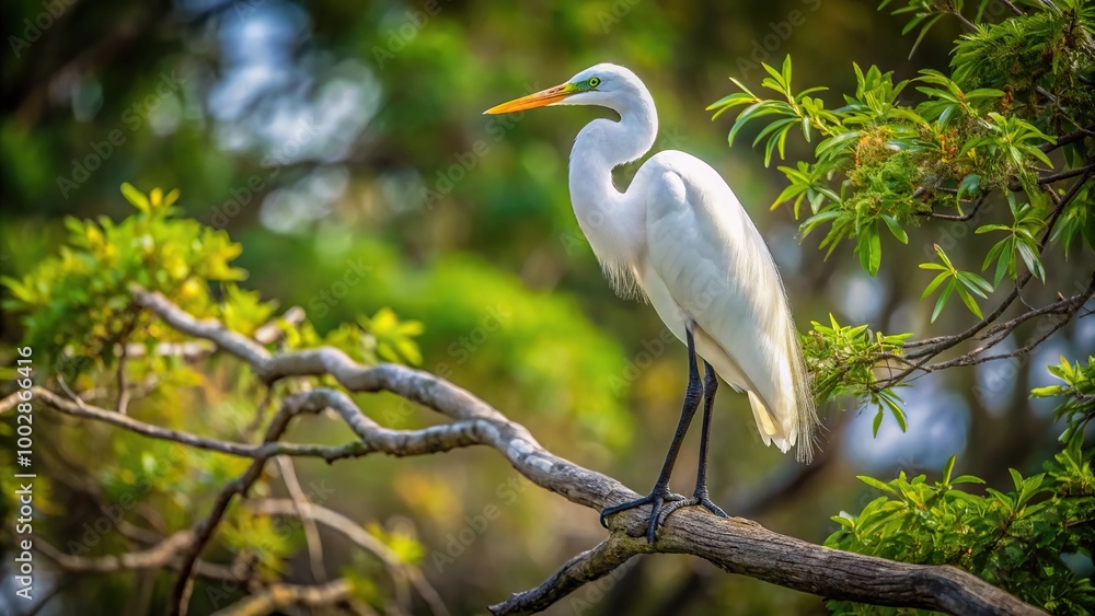 A majestic great white heron perched on a tree branch A majestic great white heron perched on a tree branch
