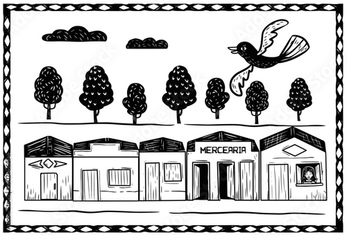 street of a city in the interior of Brazil, with trees in the background and a bird. Woodcut style, separate vectors.