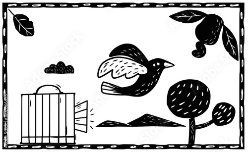 Bird finding freedom. Nature landscape. Woodcut style, separate vectors.