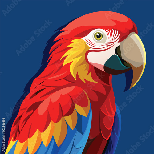 blue and yellow macaw ara A scarlet macaw perched against a simple background, its red, blue, and yellow feathers standing out vividly vector animal illustration of A scarlet macaw preening its feathe