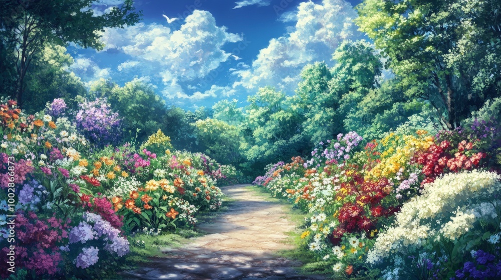A winding path through a lush, blooming forest with a bright blue sky above. A winding path through a lush, blooming forest with a bright blue sky above.