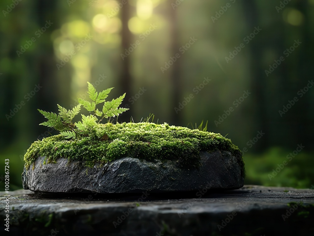 A natural stone altar covered in moss, set in a mystical woodland, moss and stone, sacred nature concept A natural stone altar covered in moss, set in a mystical woodland, moss and stone, sacred nature concept